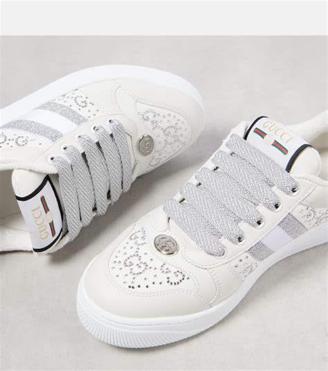 white gucci snerajers|Screener embellished leather sneakers in white .